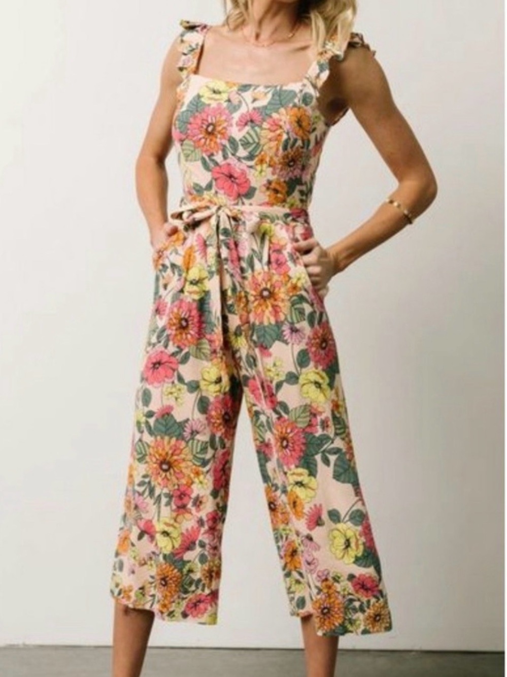 Baltic Born Floral Square-Neck Tie-Waist Jumpsuit in Pink and Yellow